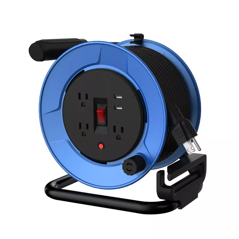 3 Outlets Plastic Usb2.4a Cord Reel 50ft ດ້ວຍການປ້ອງກັນການໂຫຼດເກີນ