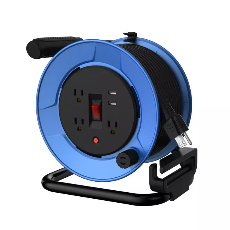 3 Outlets Plastic Usb2.4a Cord Reel 50ft ດ້ວຍການປ້ອງກັນການໂຫຼດເກີນ