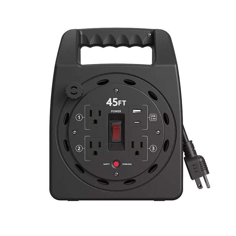 3 Outlets Usb2.4a Plastic Cord Reel 45ft ດ້ວຍການປ້ອງກັນການໂຫຼດເກີນ