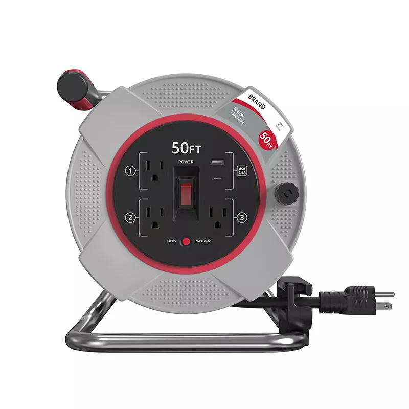 3 Outlets Usb2.4a Plastic Cord Reel 50ft ດ້ວຍການປ້ອງກັນການໂຫຼດເກີນ